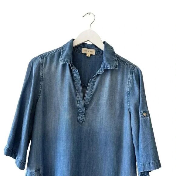 Anthropologie Cloth & Stone Roll Table Sleeve Mini Dress Collared Denim S # 1905 - Picture 2 of 13